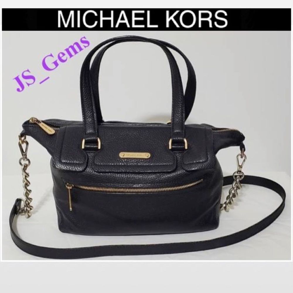Y2K Michael Kors Bag Womens Medium Black Leather Satchel Purse Gold Pockets
